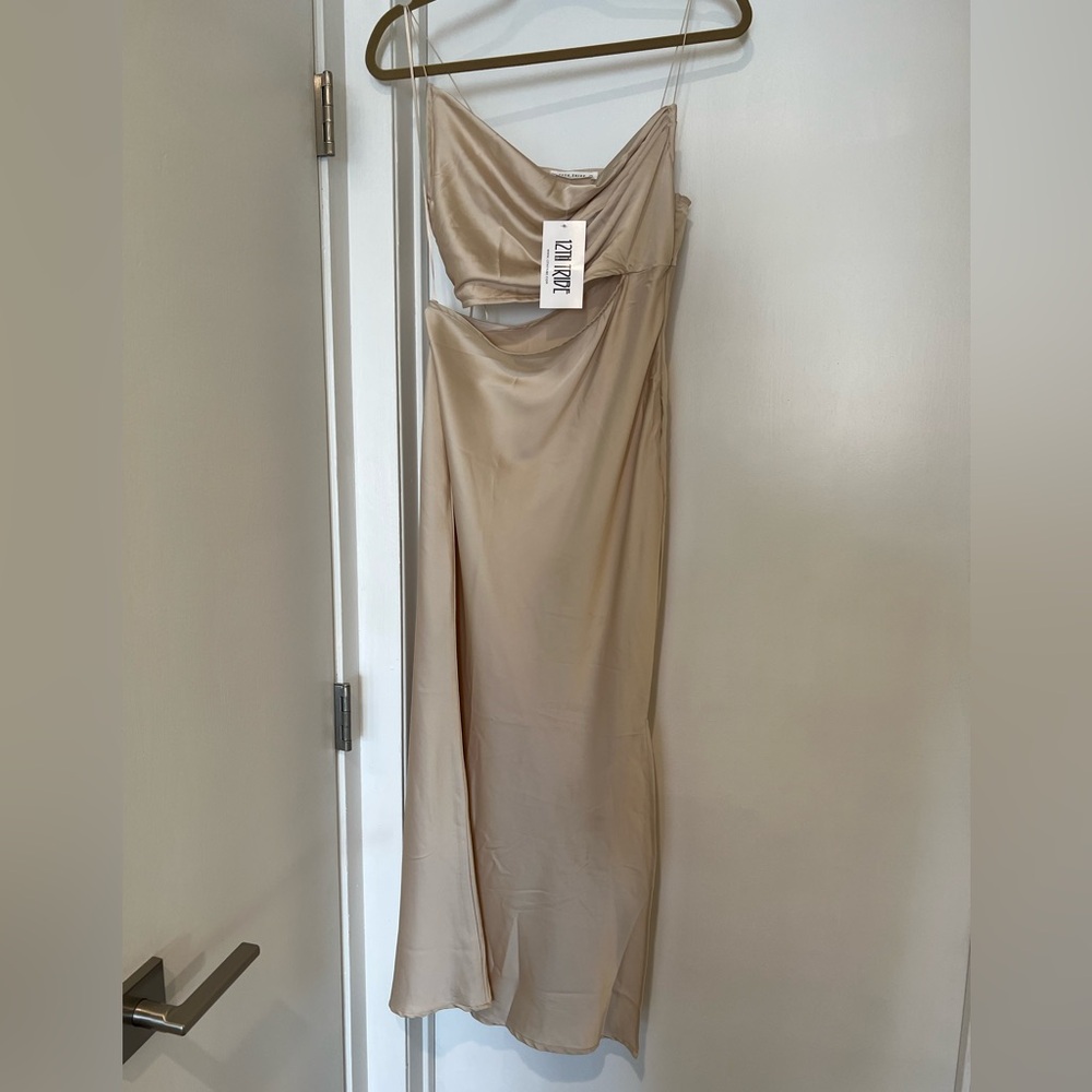 12thTribe Beige Draped Evening Gown